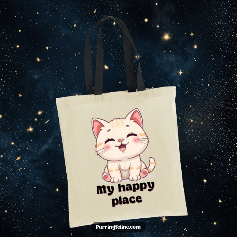 Funny Tote Bag showing a happy cat cub emitting gentle vibrations, ideal for carrying essentials with a dose of infectious, humorous happiness.