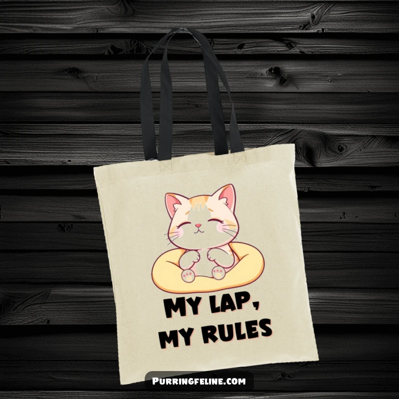 Funny serene cat tote bag, a contented cat purring softly in a warm lap, carrying cozy vibes.