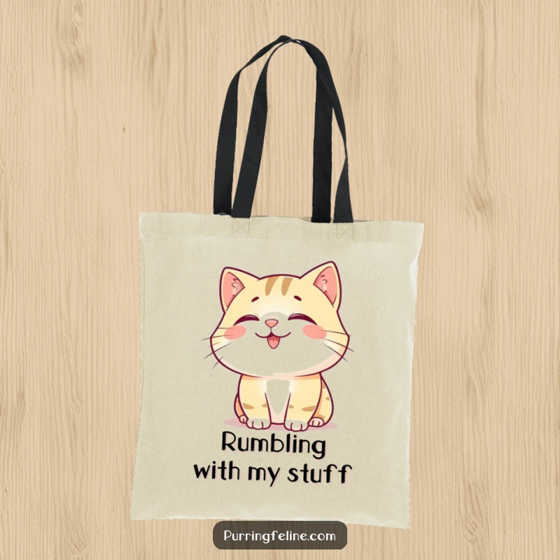 Funny Tote Bag: A happy, content cat emanating a soft rumble, symbolizing joyful peace and contentment.